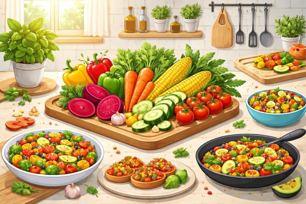 Lebendige Gemüsefarben erstrahlen auf dem Tisch, bunt angerichtet und frisch.