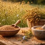 Nahaufnahme winziger Leinsamenkörner in einer offenen Samenschote auf Holz vor hellem Hintergrund