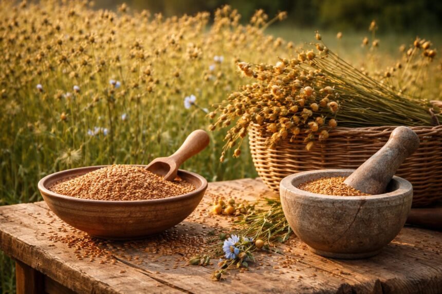 Nahaufnahme winziger Leinsamenkörner in einer offenen Samenschote auf Holz vor hellem Hintergrund