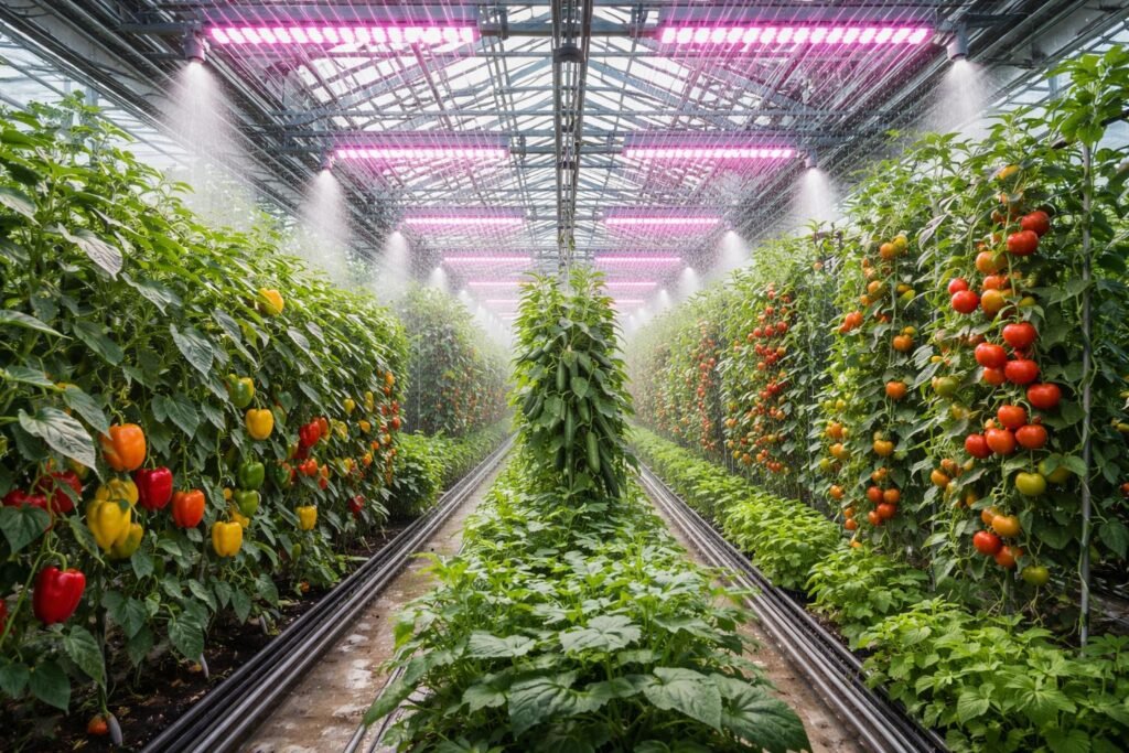 Gewächshauskulturen Paprika, Gurken und Tomaten bei kontrolliertem Licht, Bewässerung und Luftfeuchte