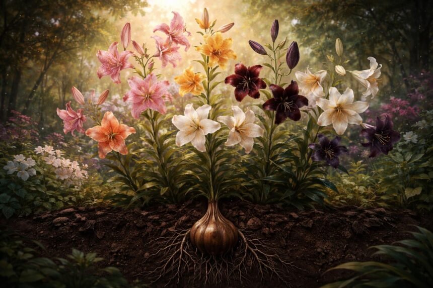 Lilien sind elegante Blütenstauden, ihr Ursprung liegt unscheinbar als braune Zwiebel.