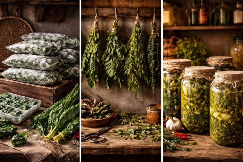 Mangold wird eingefroren, getrocknet und fermentiert, um den Vorrat haltbar zu machen.