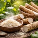 Frische Meerrettichwurzel mit grünen Blättern im Gartenbeet, scharfes Aroma und würziger Duft