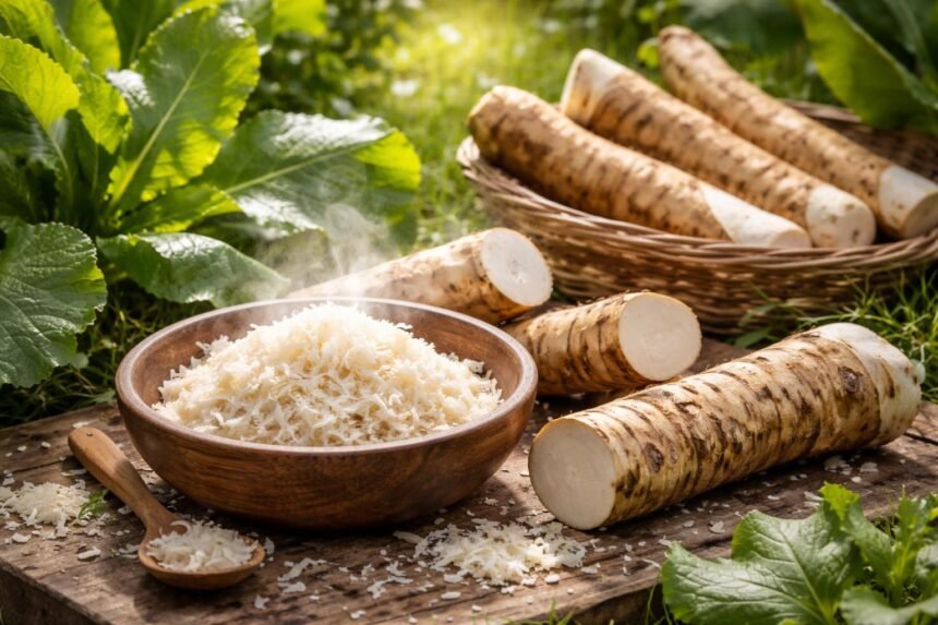 Frische Meerrettichwurzel mit grünen Blättern im Gartenbeet, scharfes Aroma und würziger Duft