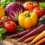 Bunte Teller mit Radicchio, Kürbis, Karotten und anderem Gemüse auf heller Tischdecke