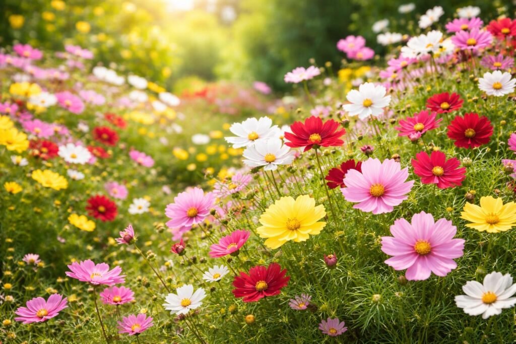 Mehrjährige Cosmea-Arten mit bunten Blütenständen im sonnigen Beet, langlebig und pflegeleicht