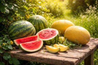 Sonnenwarm geerntete Melone im Garten, süßes Aroma, erfrischende Saftigkeit pur