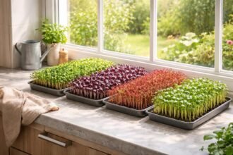 Frische Microgreens auf der Fensterbank; knackig; aromatisch; gesund; farbenfroh; kompakt.
