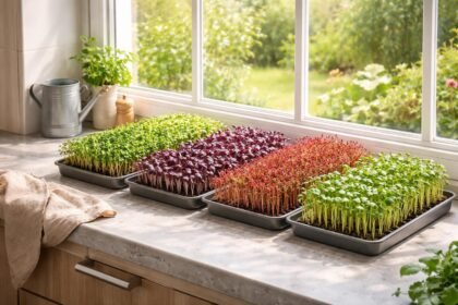 Frische Microgreens auf der Fensterbank; knackig; aromatisch; gesund; farbenfroh; kompakt.