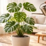 Monstera deliciosa im Topf, glänzende Blätter und sichtbares Gießwasser am Boden
