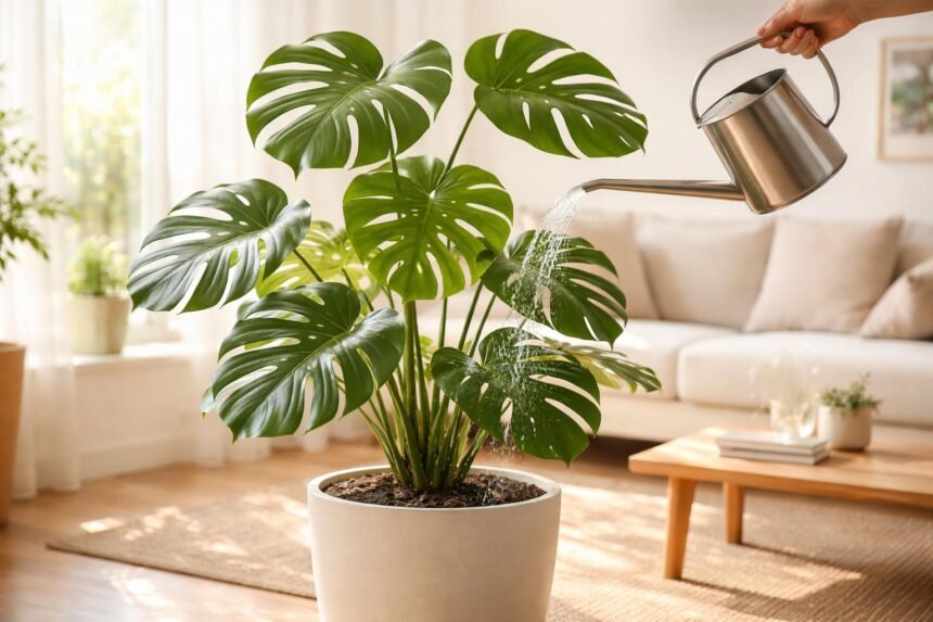 Monstera deliciosa im Topf, glänzende Blätter und sichtbares Gießwasser am Boden