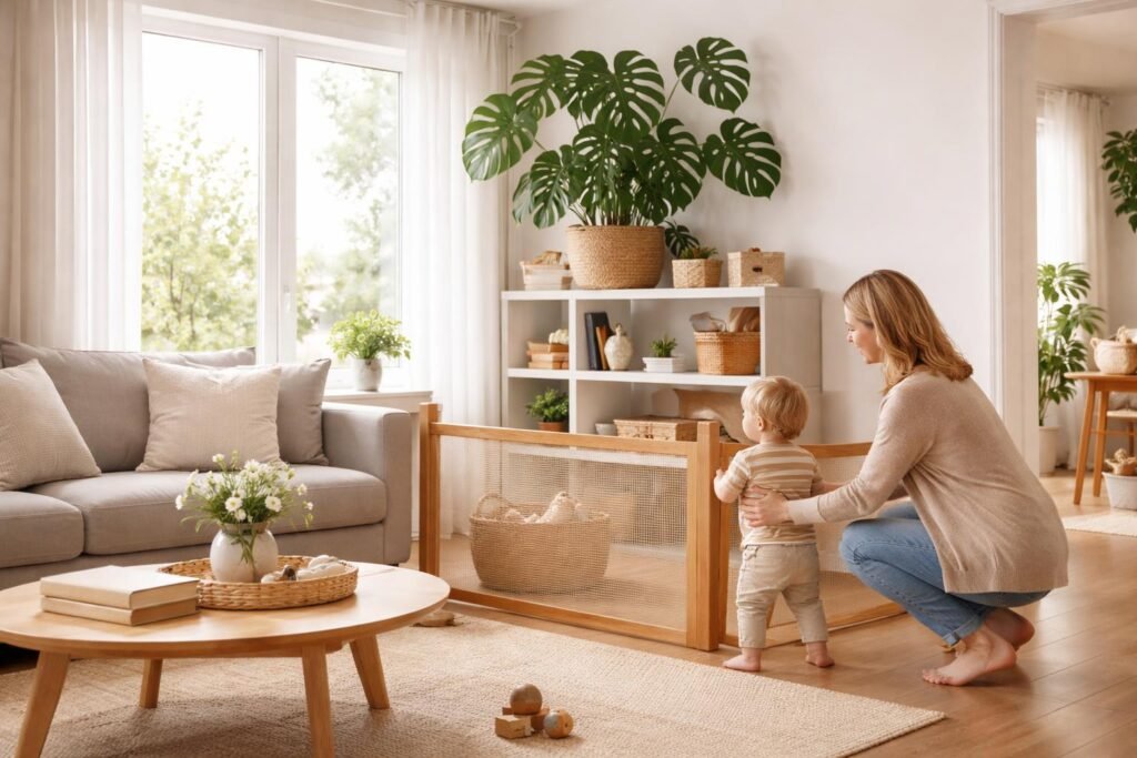 Junge Familie schützt Kind vor der giftigen Monstera im Wohnzimmer