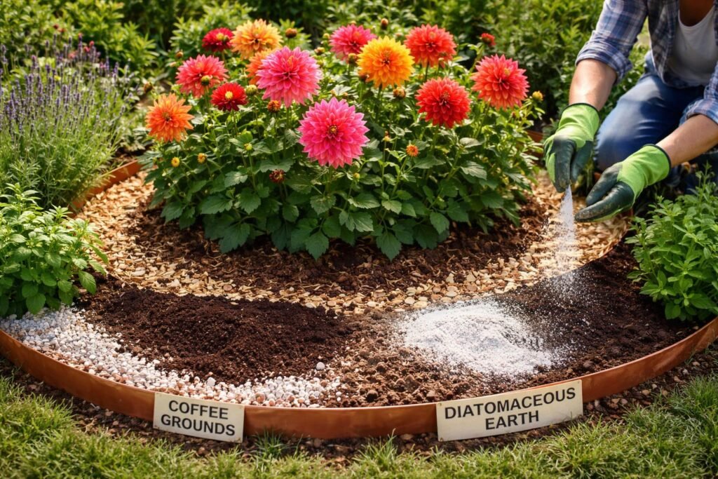 Gärtner prüft verschiedene natürliche Barrieren und Hausmittel gegen Schnecken im Garten