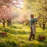 - Obstbaum-Mischgarten im Frühling mit Blüten, Knospen, summenden Insekten, erwarteter Erntezeit