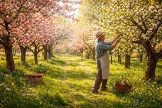 - Obstbaum-Mischgarten im Frühling mit Blüten, Knospen, summenden Insekten, erwarteter Erntezeit
