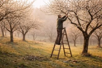 Obstbaum im Garten beim fachgerechten Schnitt, zeigt richtigen Zeitpunkt und Förderung gesundem Wachstum.