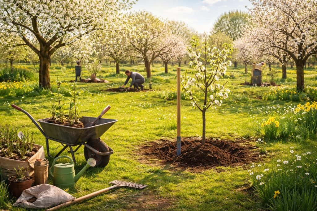 Pflanzkalender für März – Startklar für den Frühling! Frühlingserwachen im Obstgarten: Bäume pflanzen, Pflege planen, Boden verbessern, Fruchtfolge beachten.