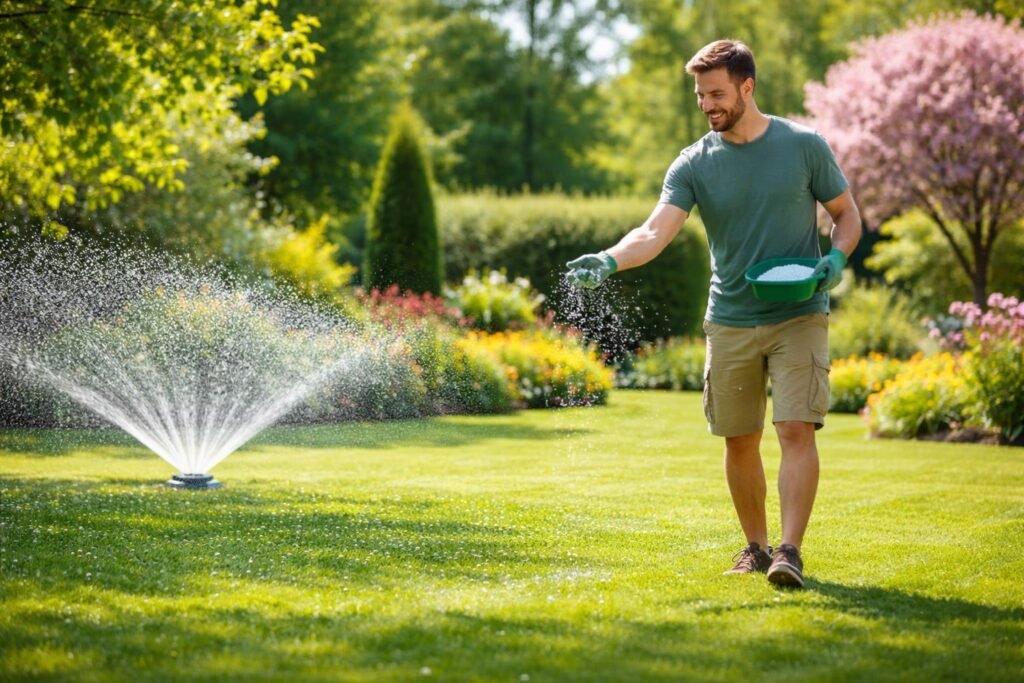 Rasenpflege im Frühjahr: Die besten Tipps für einen gesunden Rasen Rasenbild: gezielte Düngung, gleichmäßige Bewässerung, gesundes grünes Gras im Frühjahr