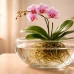 Nahaufnahme einer Orchidee während eines Tauchbads, Feuchtigkeit wird behutsam aufgenommen