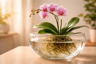 Nahaufnahme einer Orchidee während eines Tauchbads, Feuchtigkeit wird behutsam aufgenommen