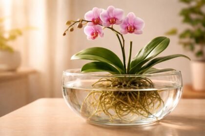 Nahaufnahme einer Orchidee während eines Tauchbads, Feuchtigkeit wird behutsam aufgenommen