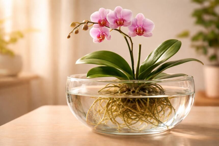 Nahaufnahme einer Orchidee während eines Tauchbads, Feuchtigkeit wird behutsam aufgenommen