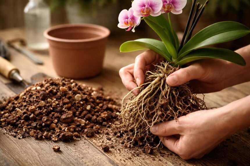 Topf mit Orchidee, frischem Substrat und Gartenhandschuhen beim Umtopfen zu Hause