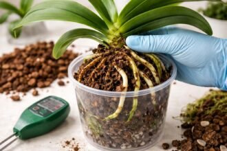 Nahaufnahme einer Orchidee mit braunen Wurzeln und gelblichen Blättern durch Fäulnis