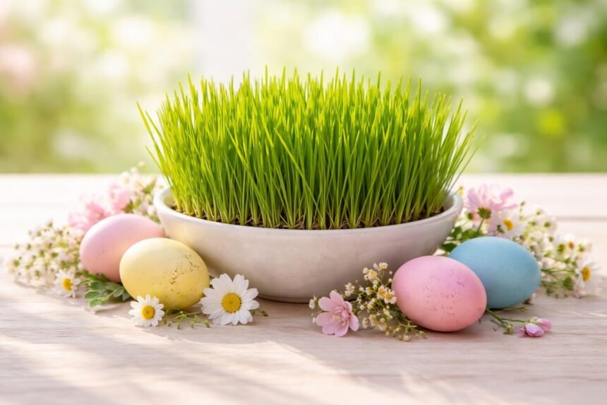 - Frische Ostergras als grüne Bühne, praktisch, dekorativ, kinderleicht zu ziehen.