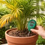 Palme mit gelben Blättern vor heller Wand; typische Ursachen und Pflegemängel