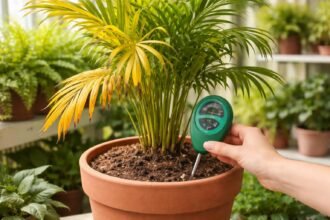 Palme mit gelben Blättern vor heller Wand; typische Ursachen und Pflegemängel