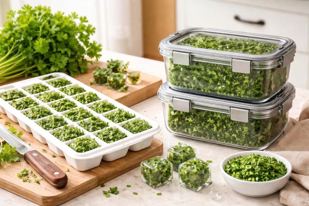 - Petersilie in Eiswürfeln einfrieren, daneben Vorratsdose, frische Kräuter bereit für Kochen.