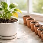 Übergossene Zimmerpflanze wird gerettet: Hände prüfen Boden, gießen stoppen, Drainage verbessern.