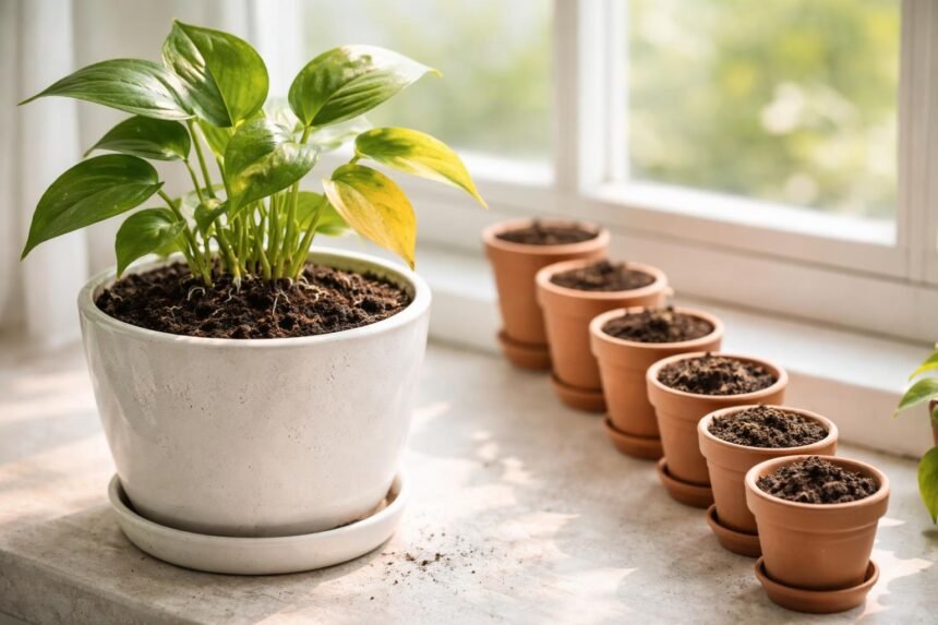 Übergossene Zimmerpflanze wird gerettet: Hände prüfen Boden, gießen stoppen, Drainage verbessern.
