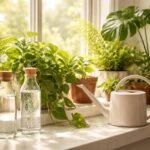 Mehrere Zimmerpflanzen stehen neben Mineralwasser- und Sprudelflasche, zeigen Bodenbeschaffenheit und offenbaren Kalkrückstände im Topf.