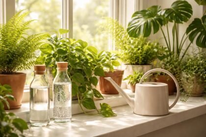 Mehrere Zimmerpflanzen stehen neben Mineralwasser- und Sprudelflasche, zeigen Bodenbeschaffenheit und offenbaren Kalkrückstände im Topf.