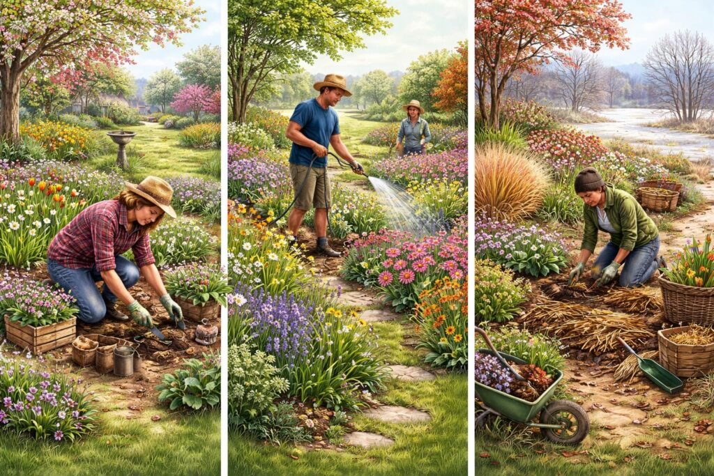 Staudengarten im Wechsel der Jahreszeiten: bunte Blüten, grüne Blätter, Gartengeräte.