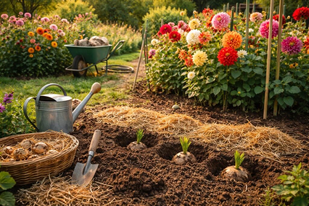 Dahlienpflanzen im Beet, sorgfältig gesetzt, Blütenpracht bis Herbstbeginn genießen und pflegen.