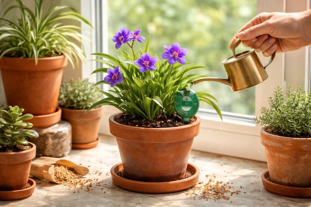 Dreimasterblume: Pflege, Arten & Vermehren der Tradescantia Nahaufnahme einer Dreimasterblume (Tradescantia) im Wohnraum, gepflegt, gesund und farbenfroh.
