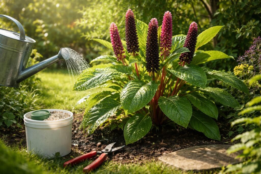 Kermesbeere, Phytolacca - Standort, Pflege und Verwendung Detailaufnahme der Kermesbeere bei Bewässerung, Düngung und Rückschnitt im Garten