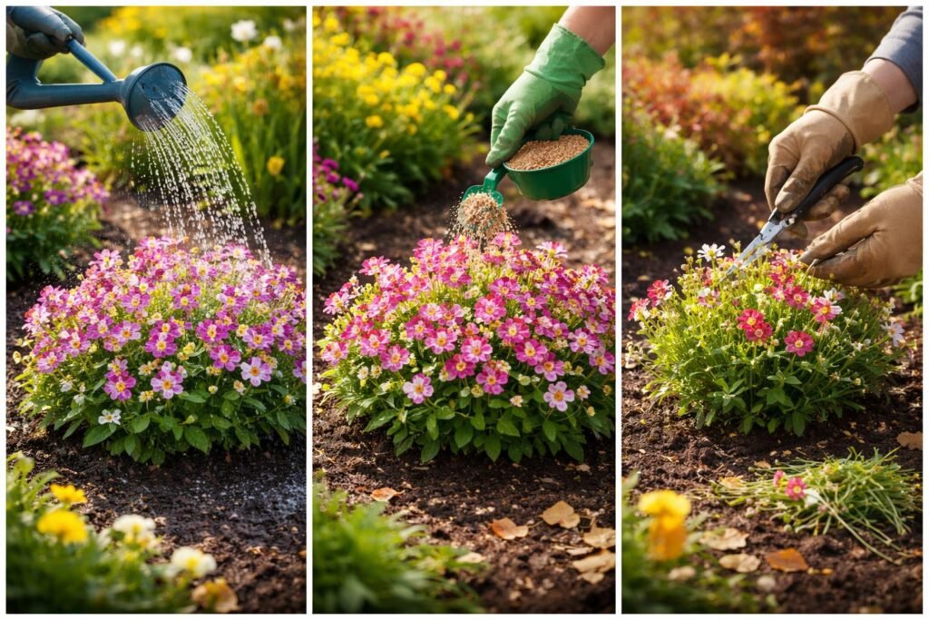 Elfenspiegel-Nemesia blüht im Beet, Geduld beim Gießen, Düngen und Schnitt