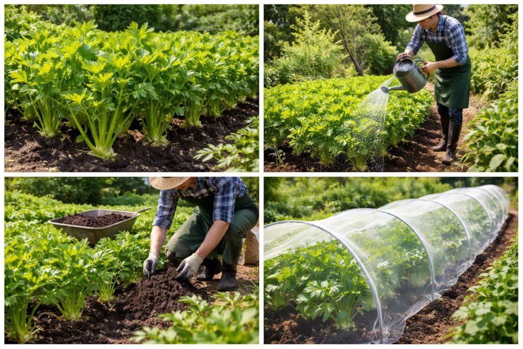 Knollen- und Stangensellerie: So gelingen Anzucht, Pflege und Ernte Gärtner gießt Knollen- und Stangensellerie im Beet, während Dünger ausgebracht wird