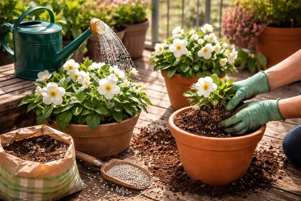 Schneerosen blühen auf Balkon und Terrasse, umgeben von winterlicher Gartenatmosphäre.