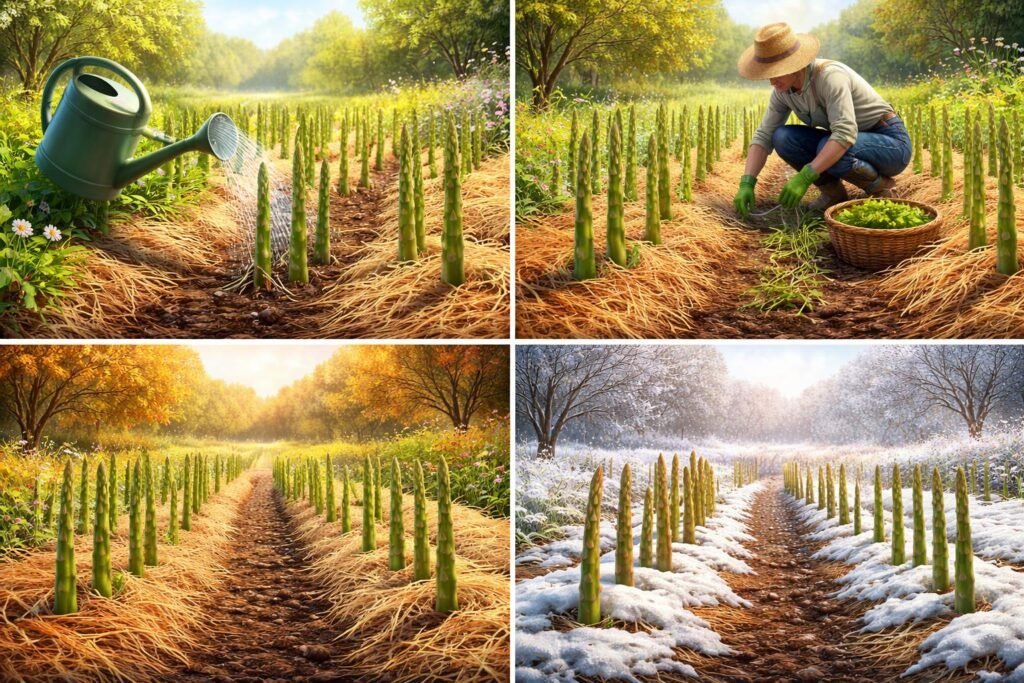 Spargelpflege – Vom Aussäen bis zur Ernte - Pflege im Jahreslauf: Gießen, Mulchen, Unkraut jäten beim Spargel – sorgfältig und regelmäßig.