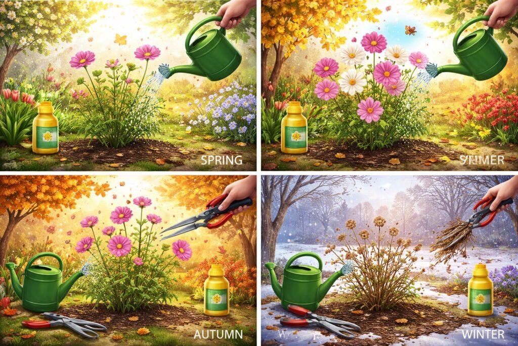 Cosmea: Steckbrief, Winterhärte & Giftigkeit Illustration zeigt Cosmea-Pflanze über das Pflegejahr verteilt: Gießen, Düngen und Schneiden.