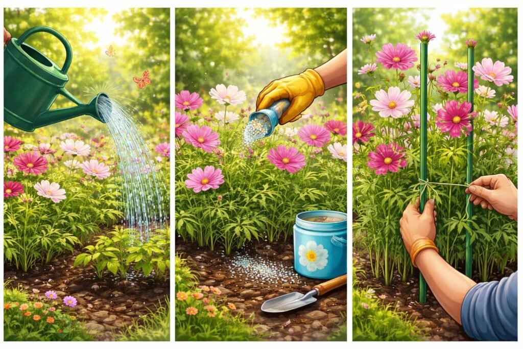 Cosmea-Pflanzen während der Jahrespflege: bewässern, düngen und Stützen im Beet anbringen.