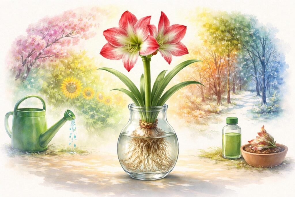 - Amaryllis im Glas braucht regelmäßige Pflege im Jahresverlauf, Gießen, Dünger und Ruhezeit.