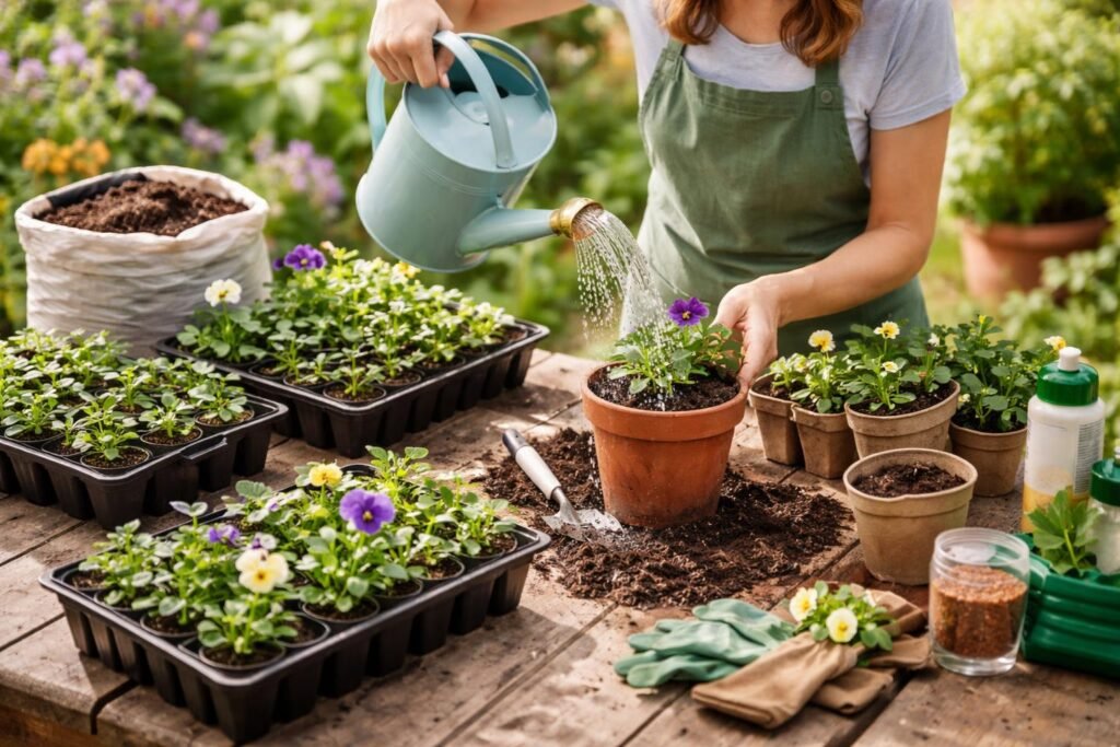 - Junge Stiefmütterchen wachsen, Gießen, Düngen und Pikieren im Garten unter sorgfältiger Pflege.