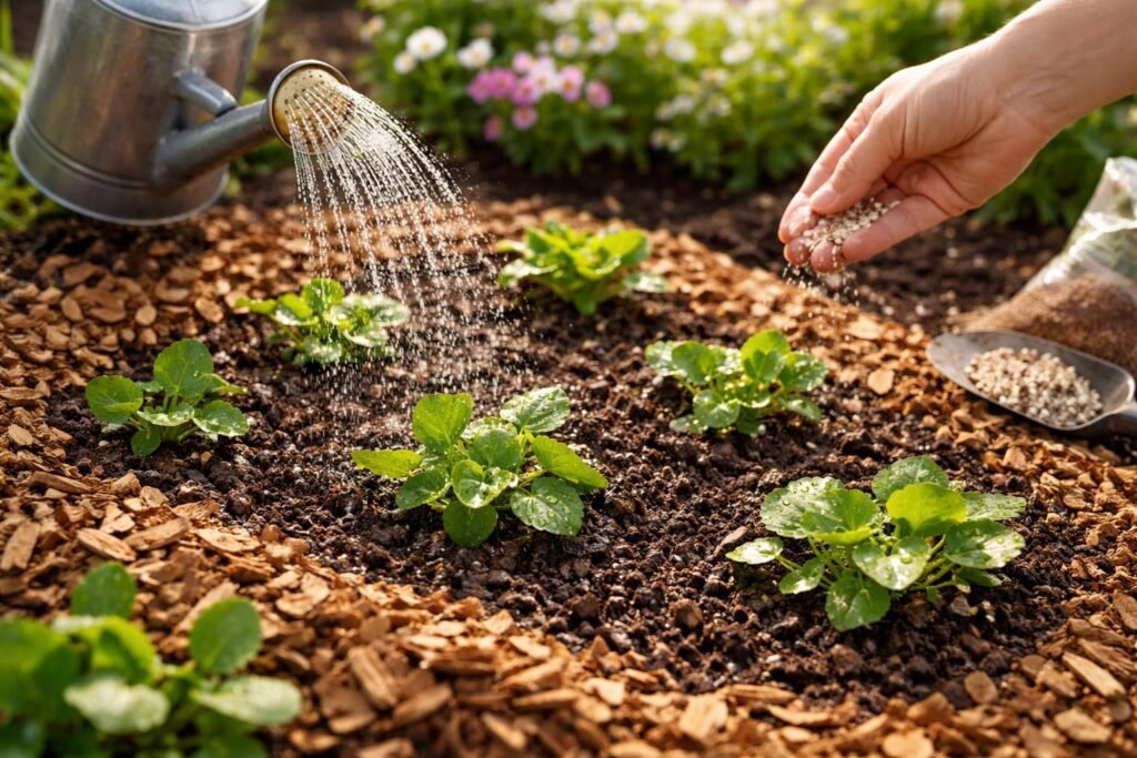 Nach der Aussaat: Duftveilchenpflanzen werden gegossen, gemulcht und gedüngt im Beet.