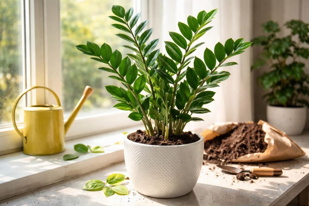Zamioculcas blüht: Sollte man die Blüte entfernen? Zamioculcas-Blüte mit glänzenden Blättern; Pflege nach der Blüte und Tipps.